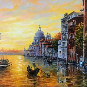 Venice Landscape Painting on Canvas Venice Italy Wall Art Venice Canal Oil Painting Original Gondola Artwork Sunset in Venice Painting