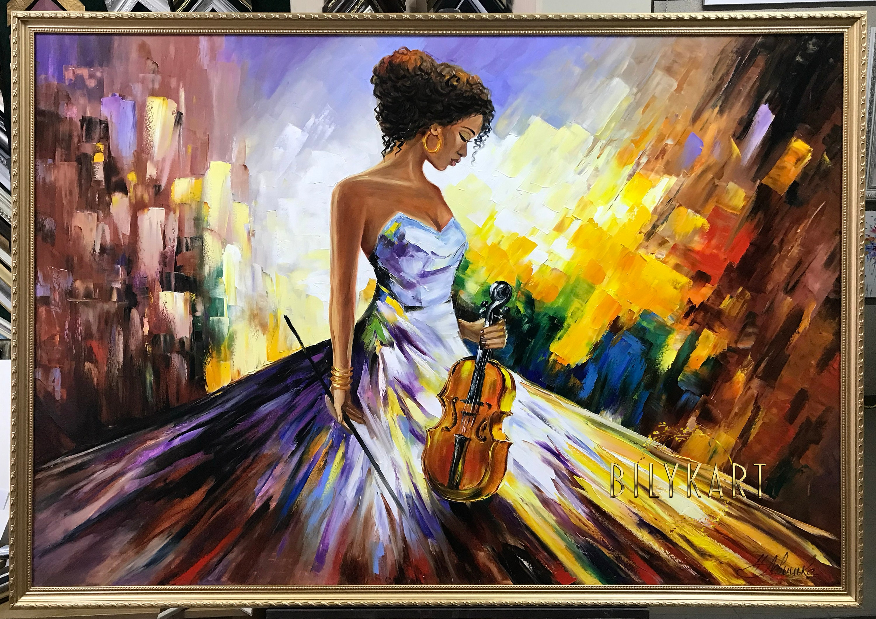 African American Woman With Violin Original Oil Painting on Canvas