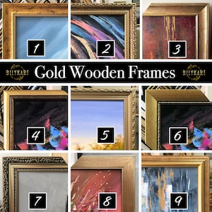 May include: Nine different gold wooden frames with various paintings inside. The frames have ornate details and a gold finish. The paintings include abstract art, landscapes, and still lifes.