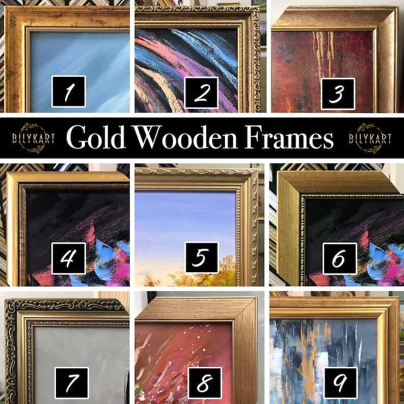 May include: Nine different gold wooden frames with various paintings inside. The frames have ornate details and a gold finish. The paintings include abstract art, landscapes, and still lifes.