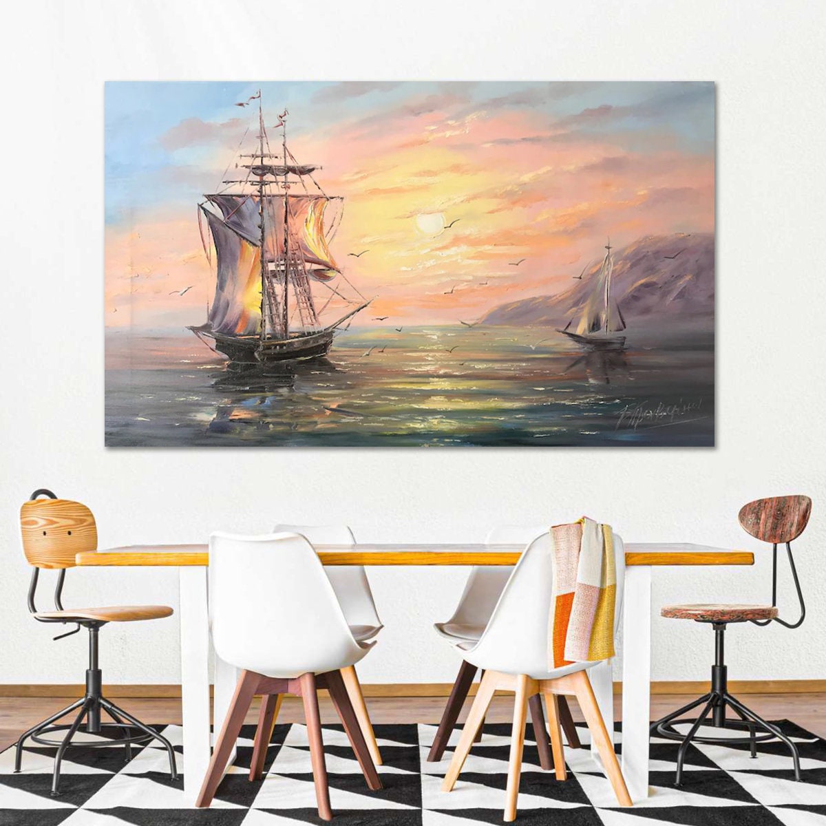 額入りクリッパー船の絵画 夕焼けの壁アート ピンク イエロー