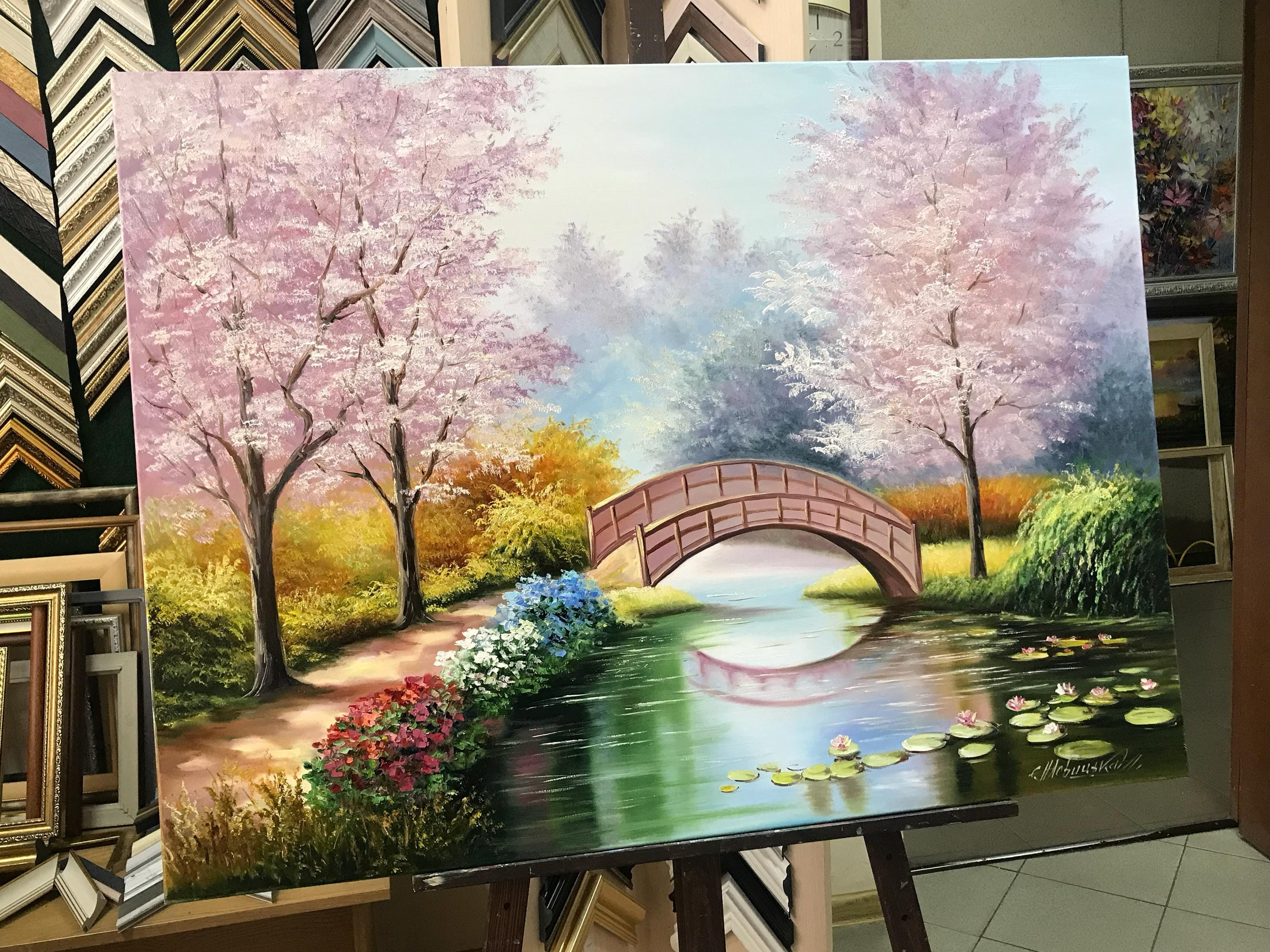モネの睡蓮の油絵 オリジナルの桜のアート 日本庭園の絵画 睡蓮