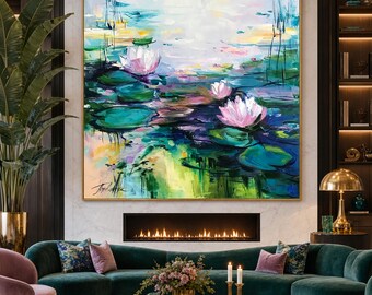 モネの絵画「睡蓮」蓮の花の壁アート、ユリの絵画、24x24インチ