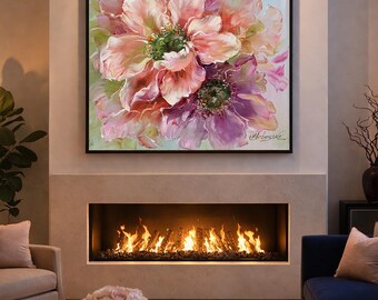 大型花柄油絵 オリジナル花柄アート作品 抽象的な花の絵画 大型