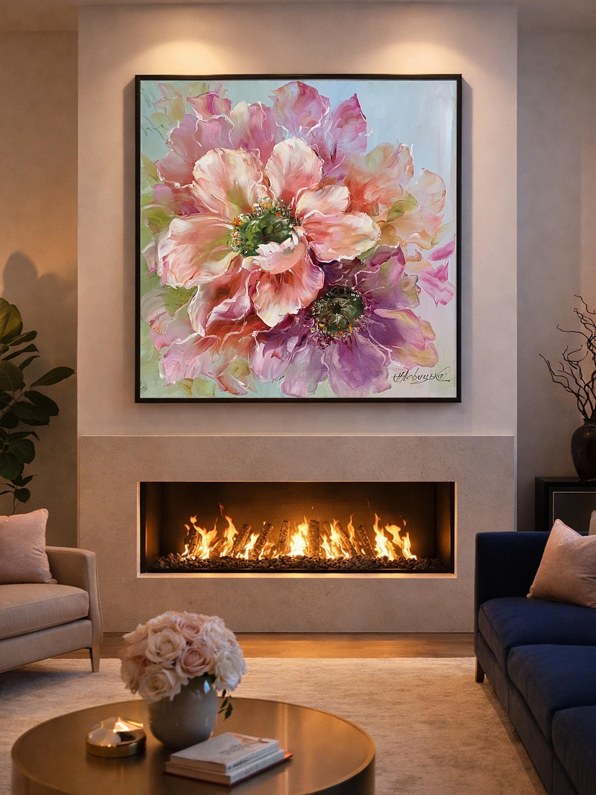 大型花柄油絵 オリジナル花柄アート作品 抽象的な花の絵画 大型