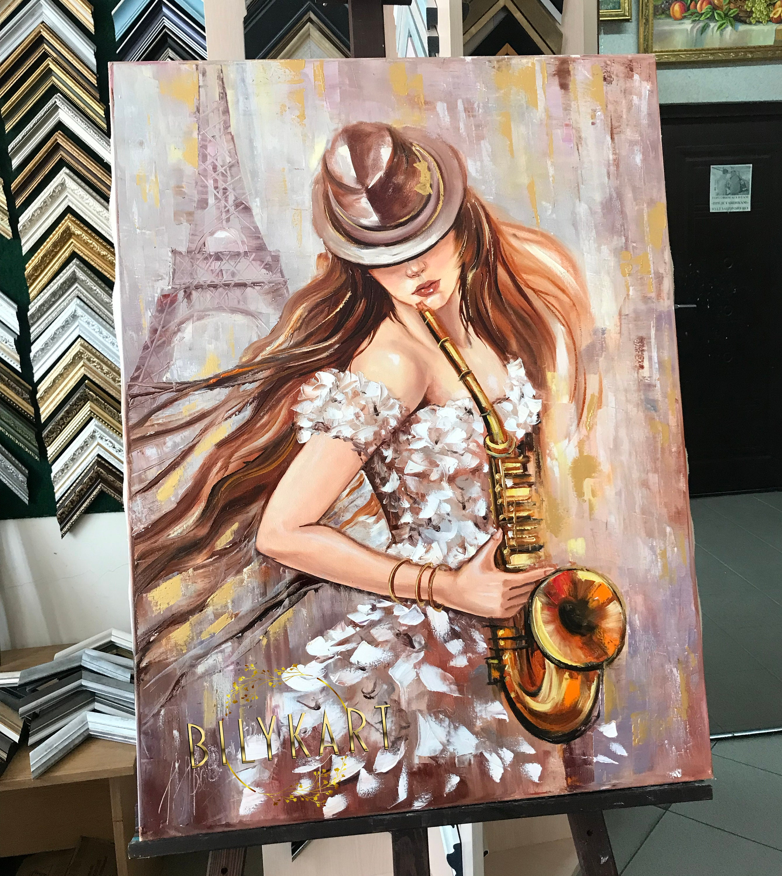 ジャズを演奏する少女の油絵(キャンバス)、パリの女性の壁掛けアート ジャズを演奏する少女の油絵(キャンバス)、パリの女性の壁掛けアート