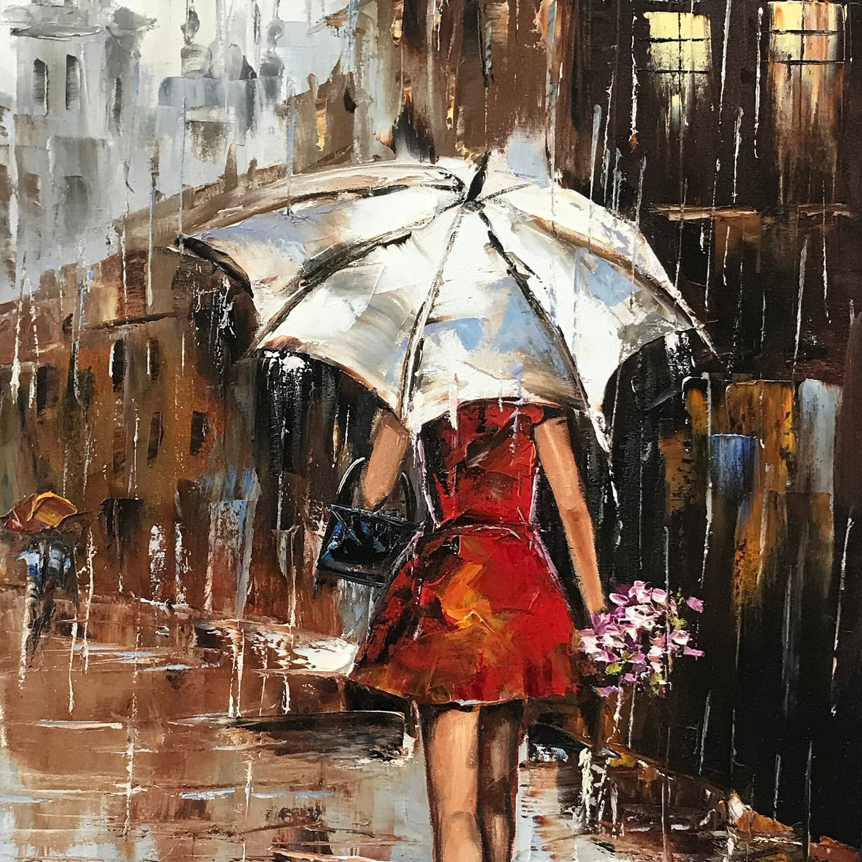 雨の降る街の風景を描いた油絵のオリジナル作品、バンクシーの傘を持っ