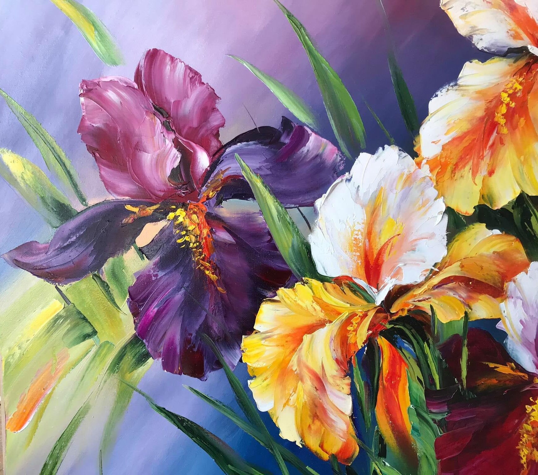 アイリスの花のオリジナル絵画、咲き誇る大きな花のウォールアート