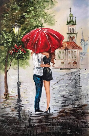 Romantic Couple Painting Canvas Love Date Night Art for Home Couple Kiss under Red Umbrella Wall Art for Bedroom Kissing Couple Oil Painting