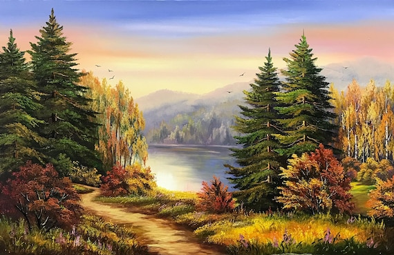 Fall Forest Landscape Oil Painting Original Mountain Lake With
