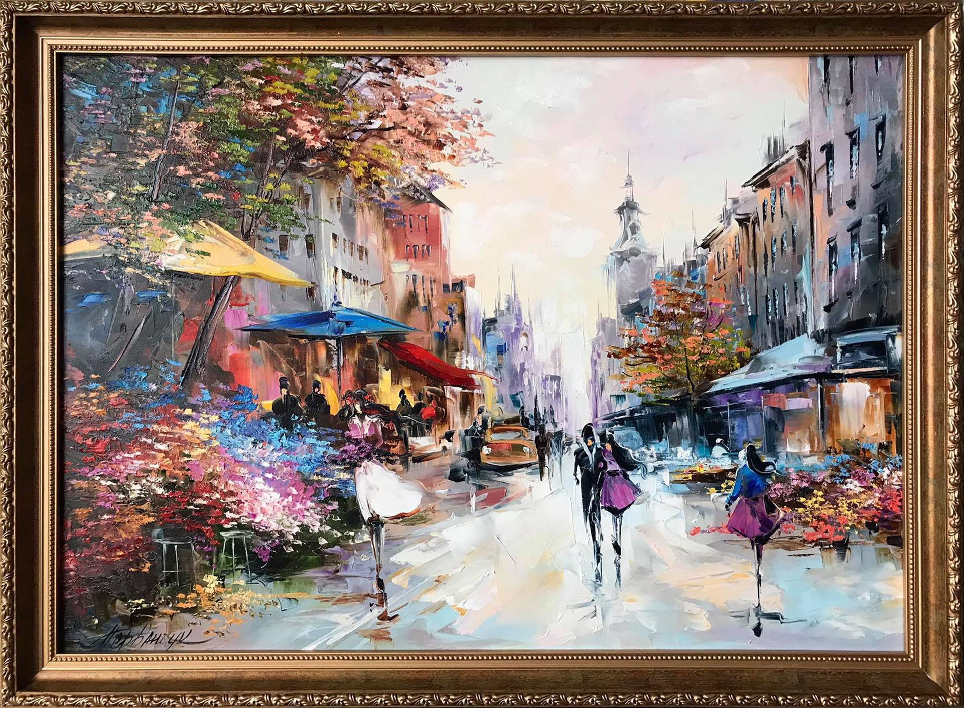 抽象的な都市景観の油絵 オリジナル フランスのカフェ風景 パリの絵画