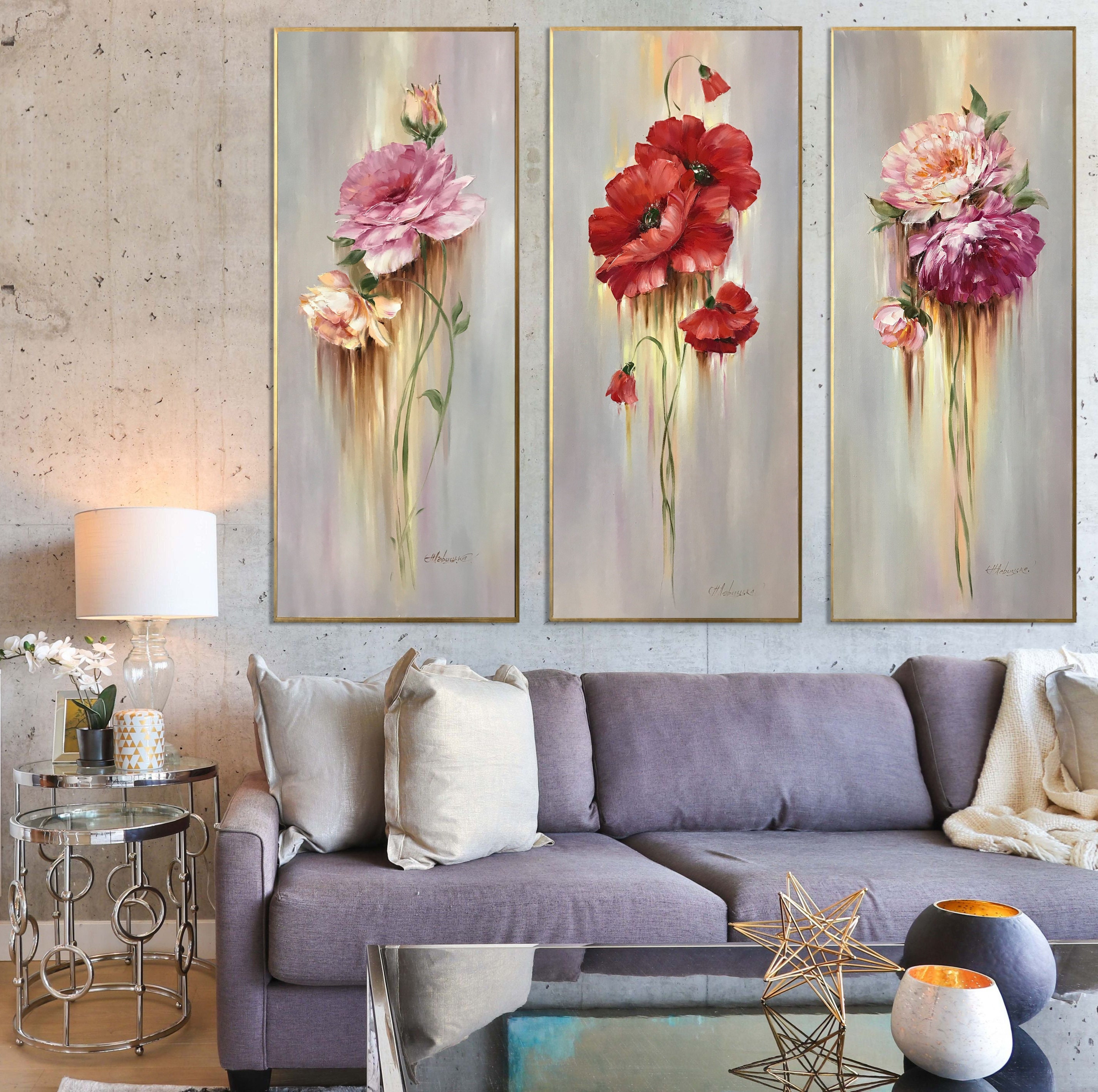 Blumen Kunst Lange Floral Vertikale Art Ölgemälde Vertikale Leinwand Lange Malerei Set Abstrakte Blumen Schmale Wand-Dekor 3 Schmale Stück Hoch