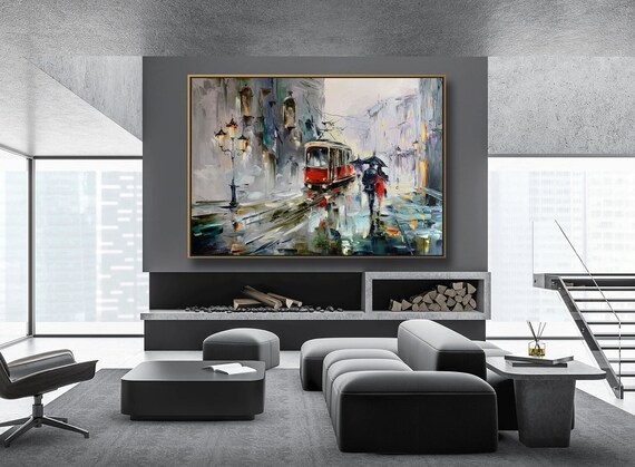 雨の街のストリート キャンバスの絵画 風景都市アートワーク プラハの