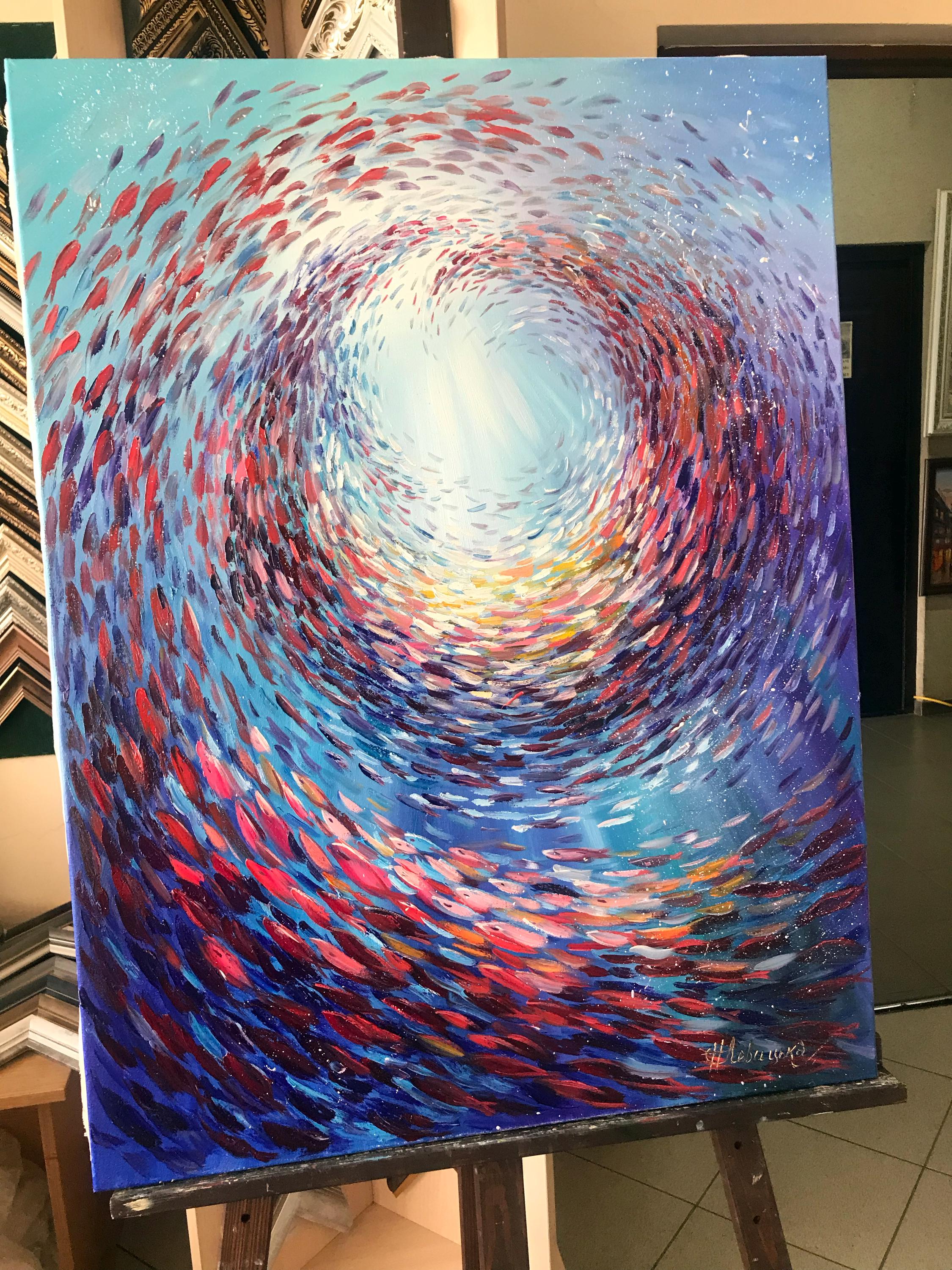 大きな魚の群れを描いた油絵、手描きのインパスト海洋アート - Etsy 日本