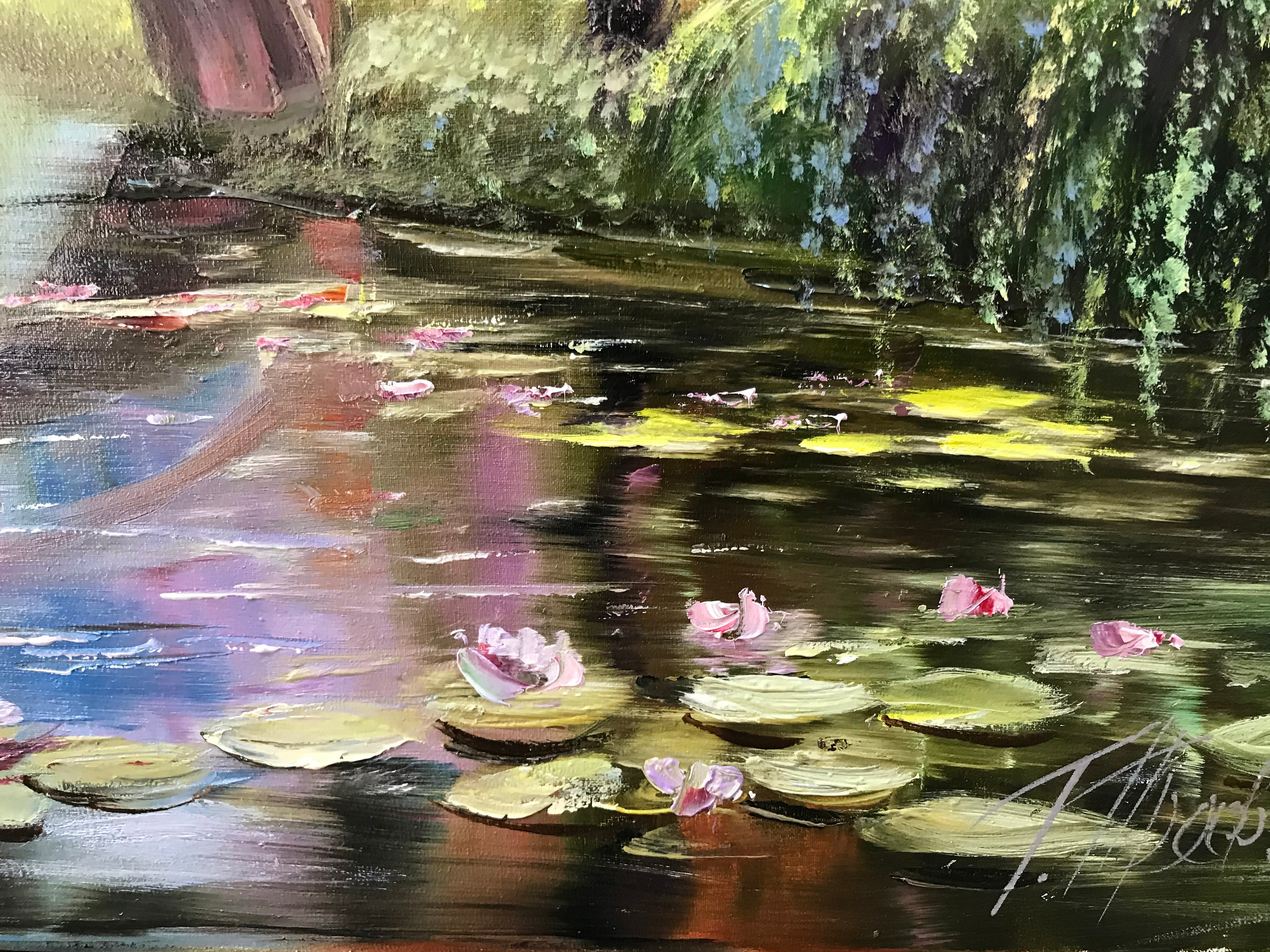 モネの睡蓮の油絵 オリジナルの桜のアート 日本庭園の絵画 睡蓮の池に