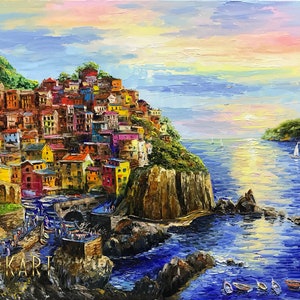 Manarola Cinque Terre Painting on Canvas Italy Oil Painting Italian Landscape Wall Art Italian Village Sunset Cinque Terre Italy Paintings