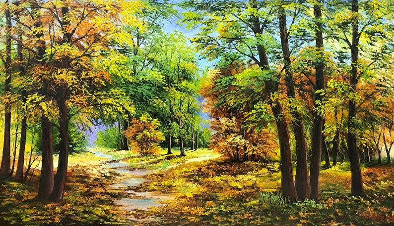 May include: An oil painting of a forest scene with a path. The trees display a mix of green, yellow, and orange foliage, suggesting autumn. The path leads into the distance, creating a sense of depth and inviting the viewer to explore.