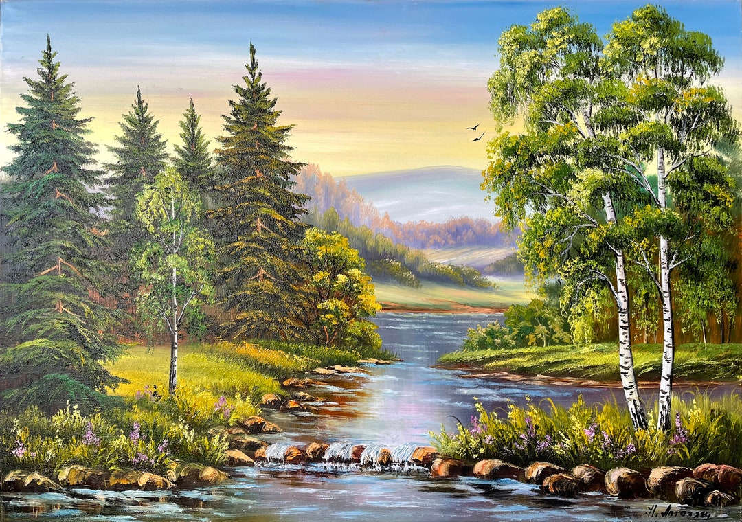 風景画 油彩画 森の中の川を描いた油絵です 緑の森の絵画 オリジナルの木々の壁アート 川の油絵 キャンバス