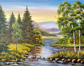 緑の森の絵画 オリジナルの木々の壁アート 川の油絵 キャンバス