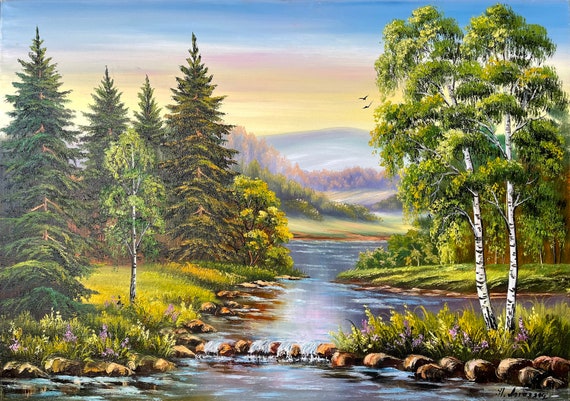 Green Forest Painting Original Trees Wall Art River Oil Painting