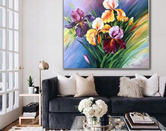 アイリスの花のオリジナル絵画、咲き誇る大きな花のウォールアート