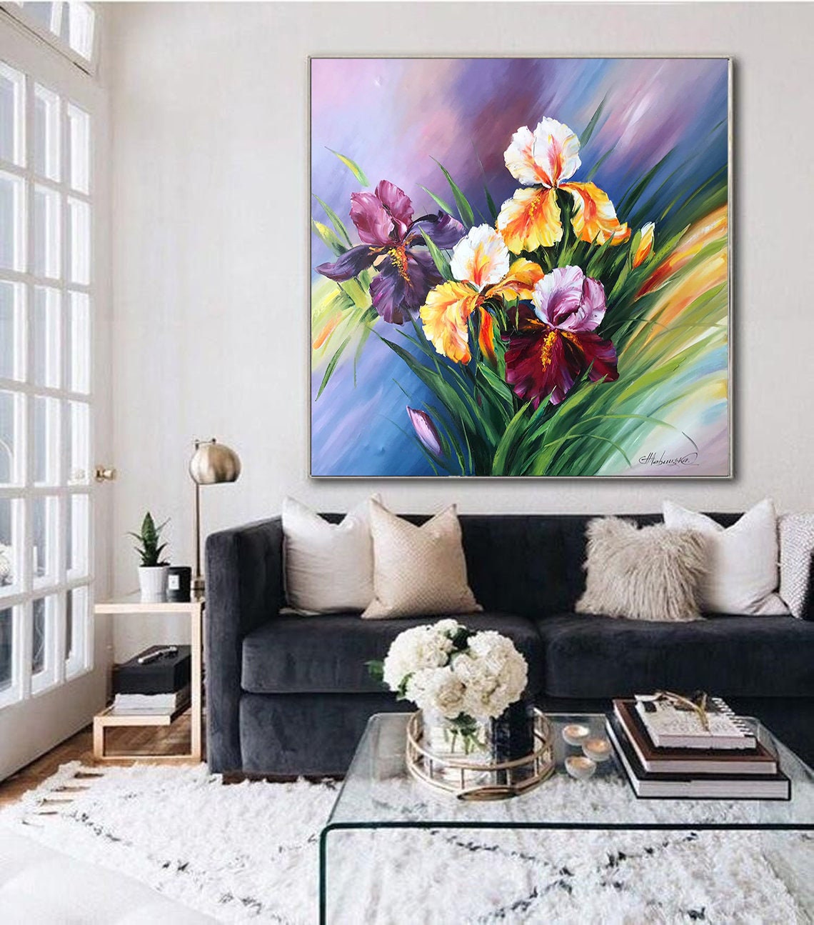 真作】絵画 安宅乕雄 油彩4号 アイリス 春を告げる花瓶の彩り Y20 真作