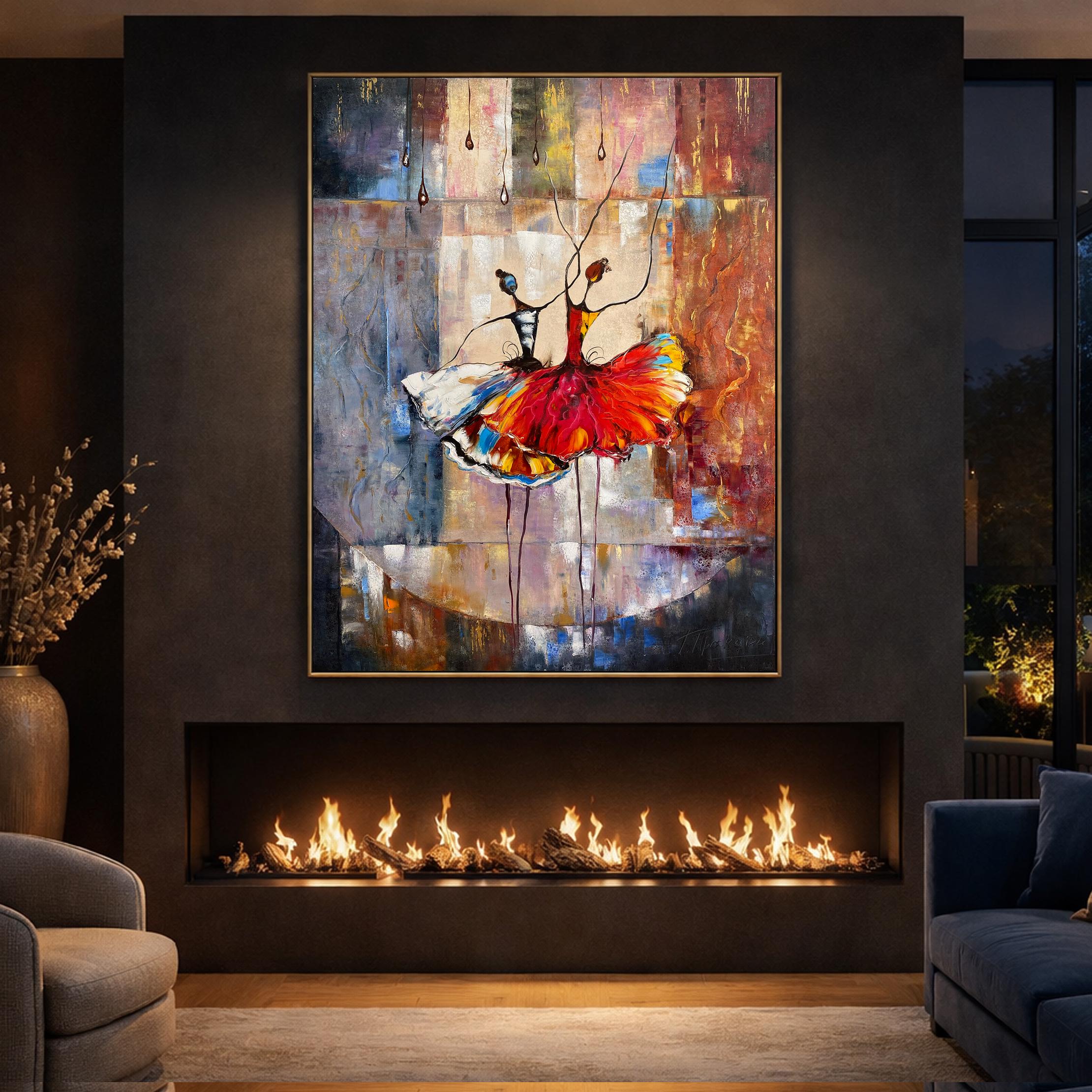 抽象的なバレリーナの油絵（キャンバス）、大型モダンバレエウォール