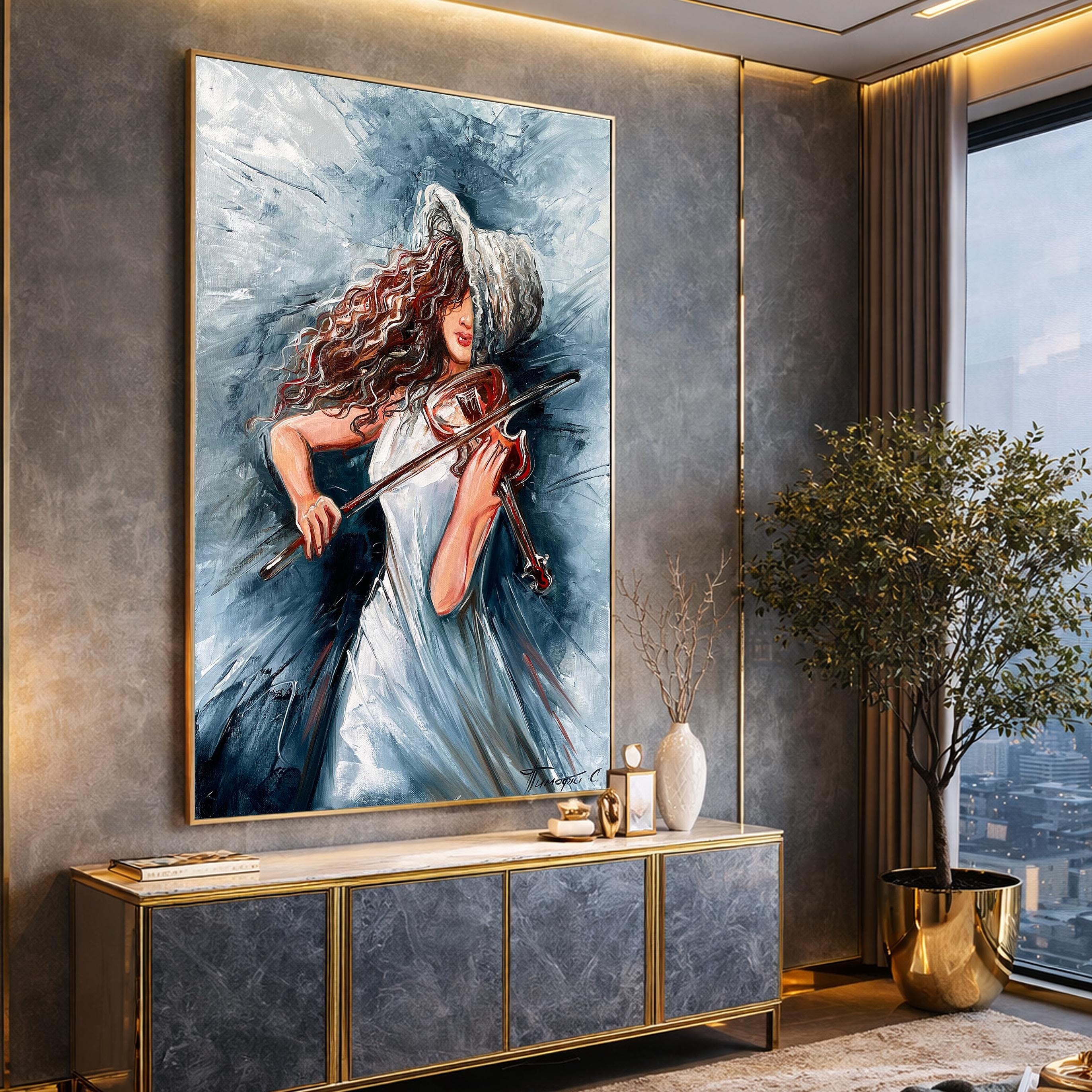 Woman Playing Violin Oil Painting Original Hand Made Artwork, Musician ...