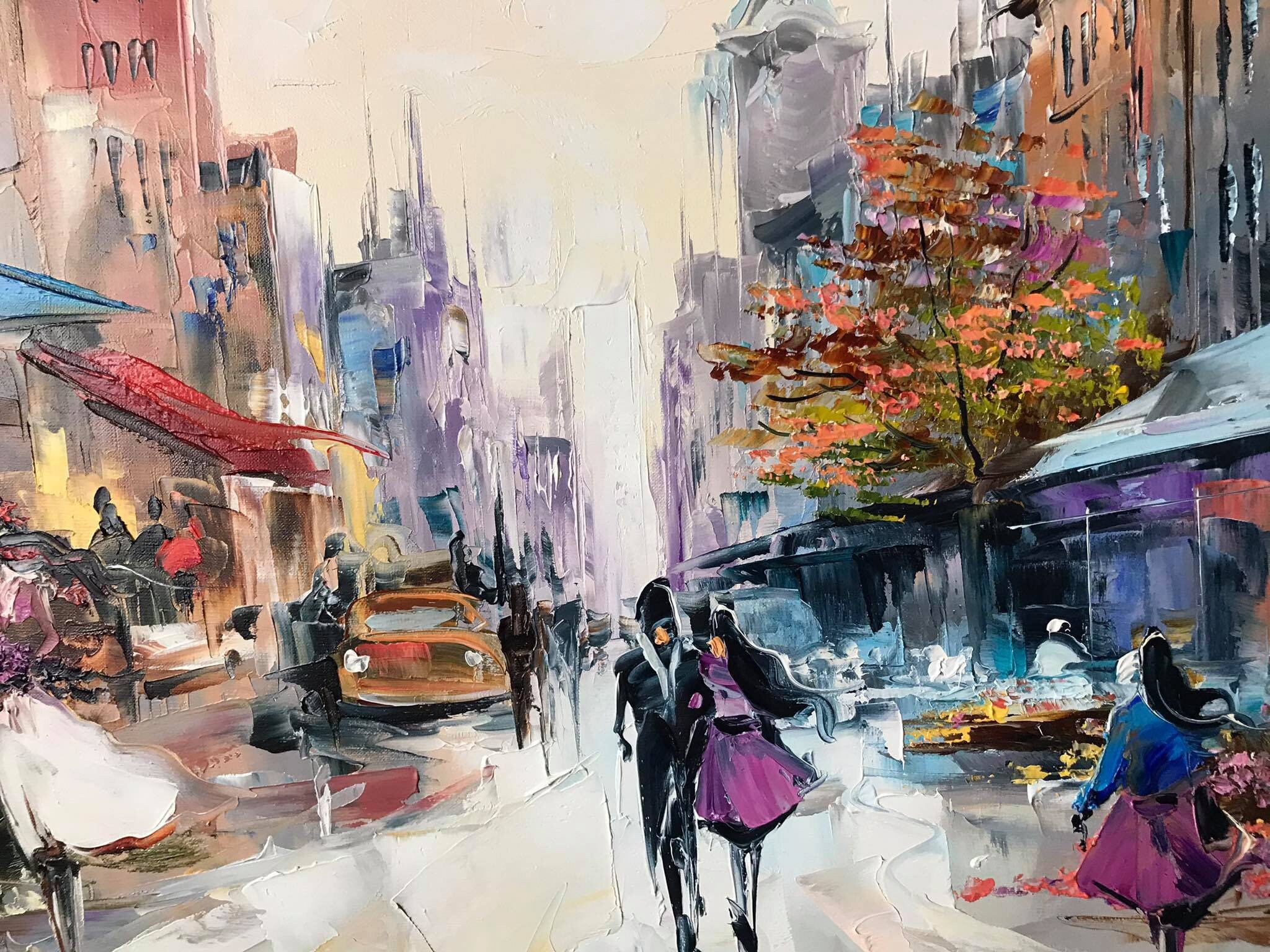 Abstract Cityscape Oil Painting Original France Cafe Scene