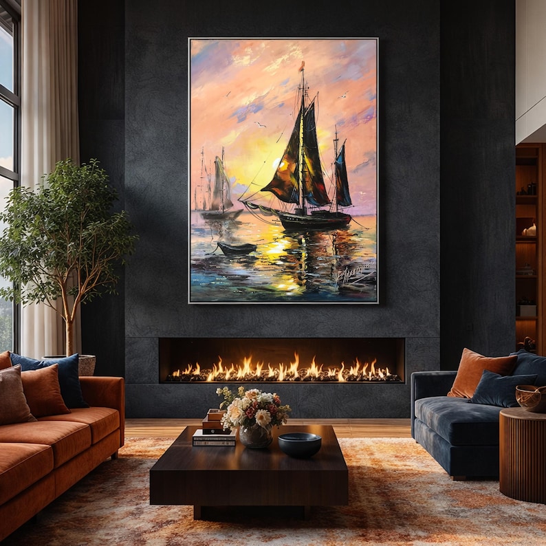 Sailing Ship Oil Painting Original: Large Abstract Sailboat at Sunset Wall Art image 2