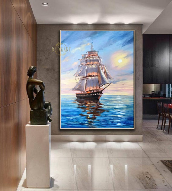 夕日に沈むカラフルな船の油絵、海の波の壁アート、帆船の絵画 夕日に沈むカラフルな船の油絵、海の波の壁アート、帆船の絵画
