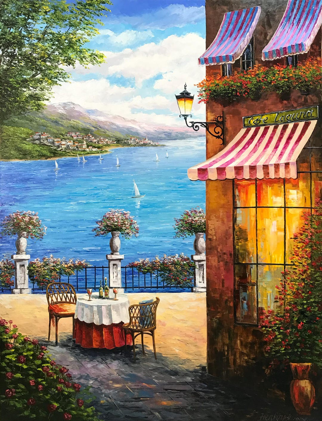 イタリアのカフェのキャンバス画、イタリアのレストランの絵画、地中海