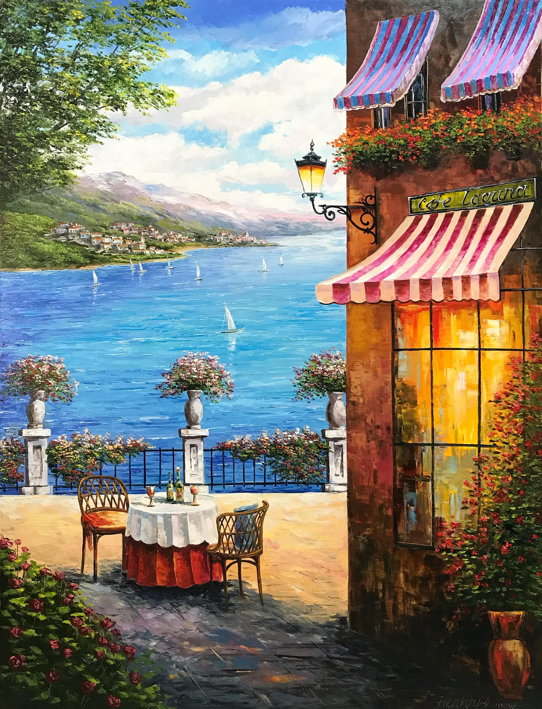 イタリアのカフェのキャンバス画、イタリアのレストランの絵画、地中海