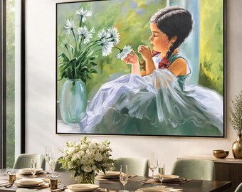 花を持つ少女の油絵、デイジーを持つバレエ少女の窓辺の壁画、風景画