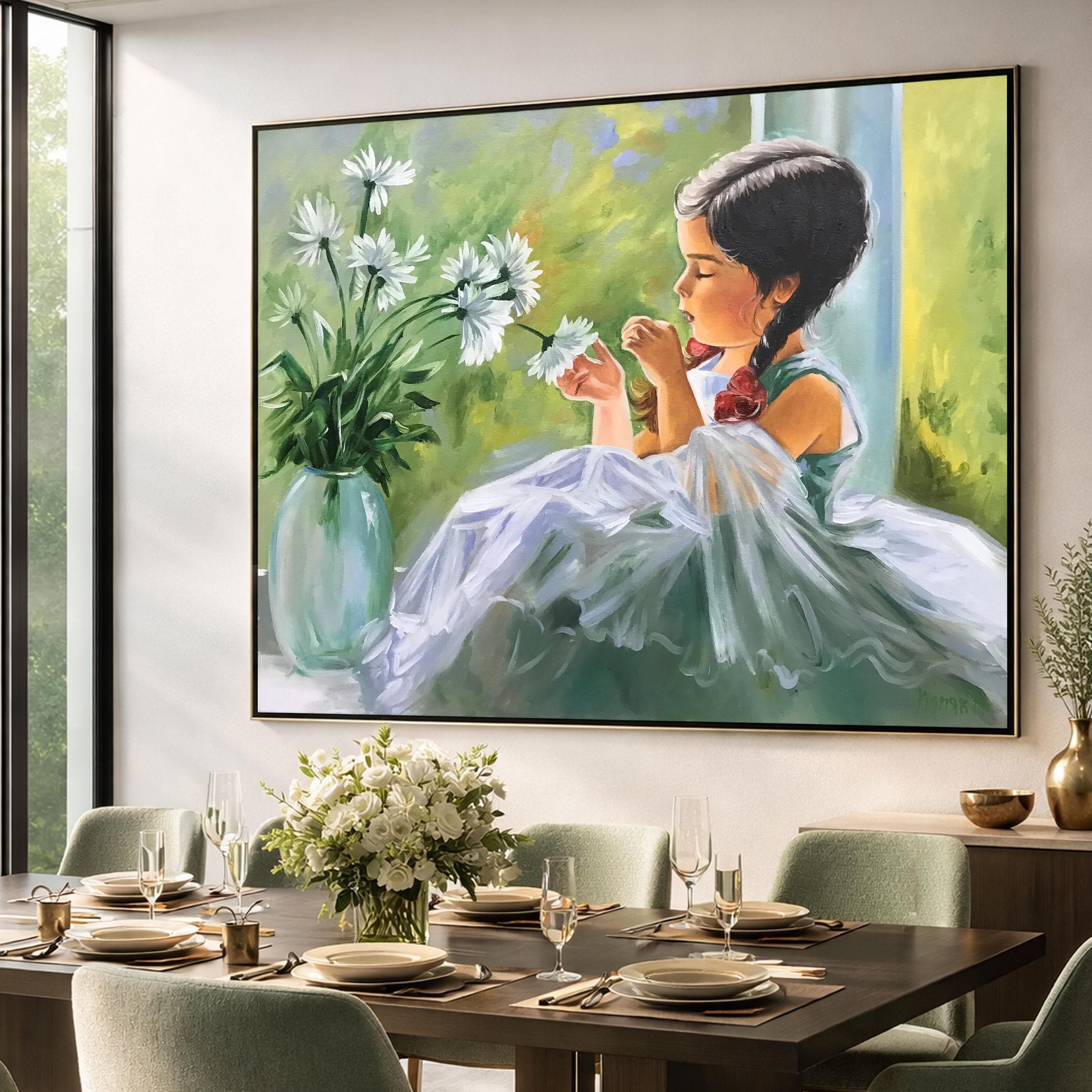 花を持つ少女の油絵、デイジーを持つバレエ少女の窓辺の壁画、風景画
