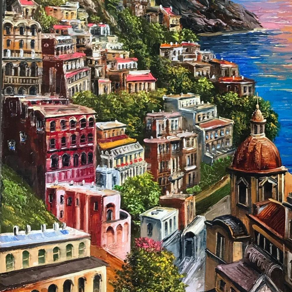 イタリアのレモンの木を描いたキャンバス油絵：カラフルなポジターノ