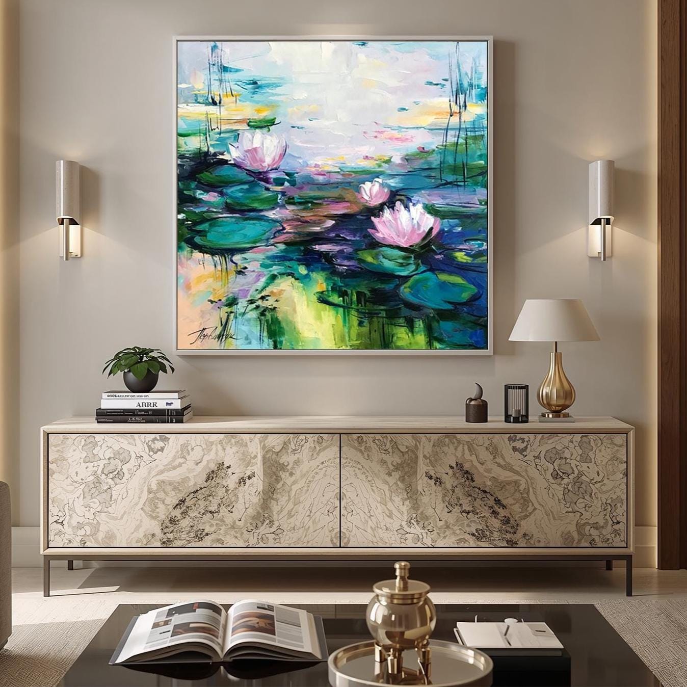 モネの絵画「睡蓮」蓮の花の壁アート、ユリの絵画、24x24インチ