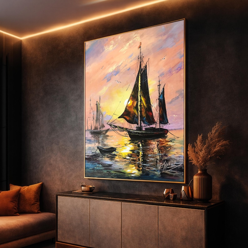Sailing Ship Oil Painting Original: Large Abstract Sailboat at Sunset Wall Art image 6