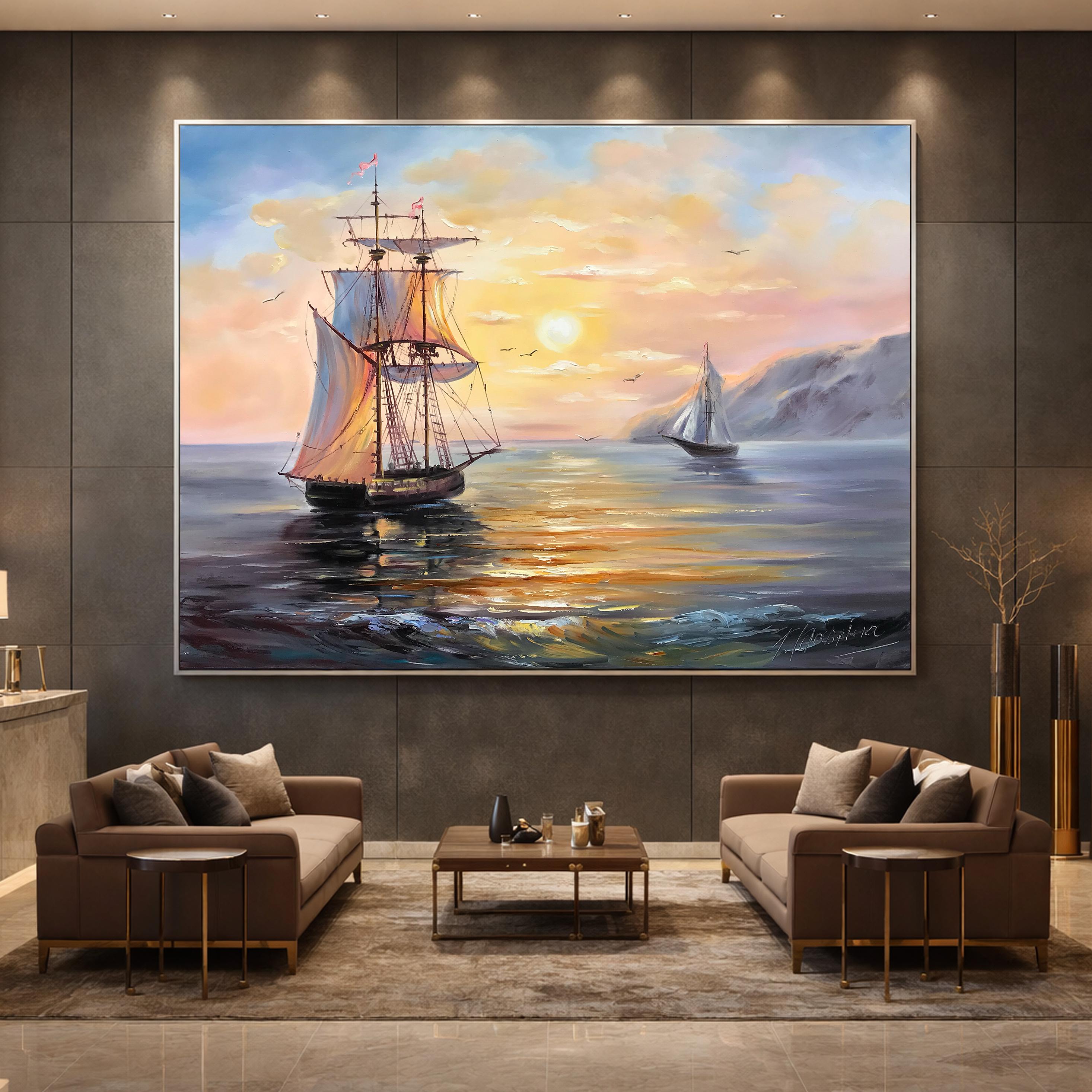 ヴィンテージ 油彩画 ジャンク船 夕景 海景画 キャンバスに描かれた海事絵画 海に浮かぶ船の夕焼け油絵 オリジナル
