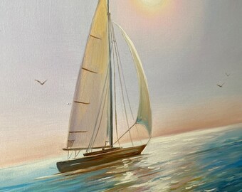 帆船の海の油絵、青い海の波、オリジナルのボートの壁アート、海