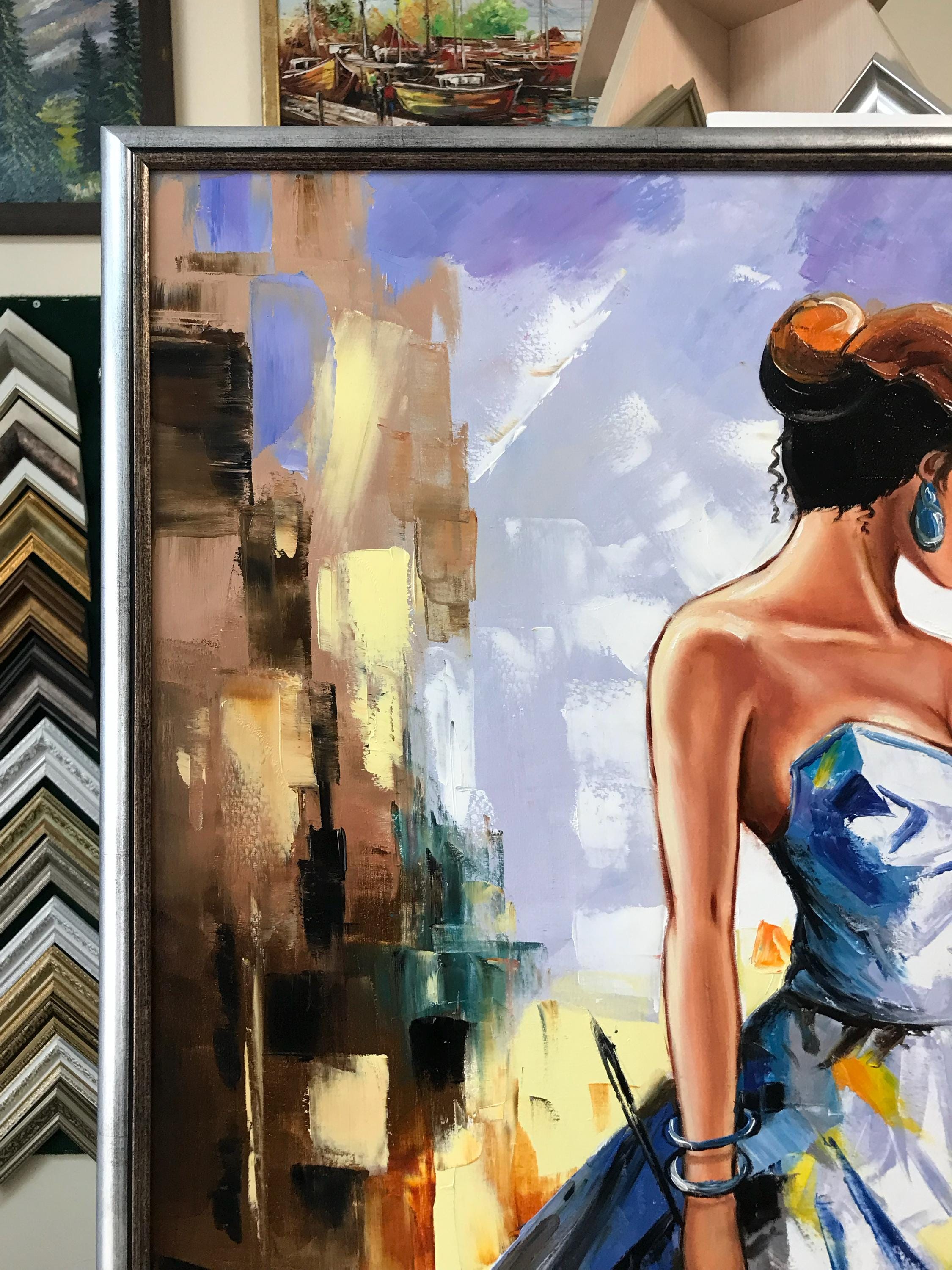 バイオリンを持つ女性 油絵 オリジナル 女性 36x48 キャンバス 壁