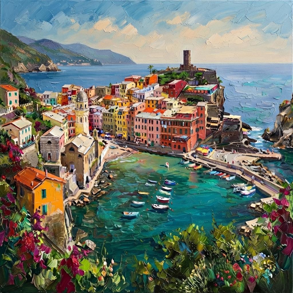 イタリア、ヴェルナッツァの油絵、キャンバス画、イタリアンリビエラ