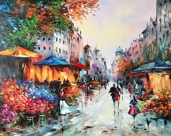 フランスの街並みの油絵 オリジナルパリの街並みの絵画 パリのエミリー