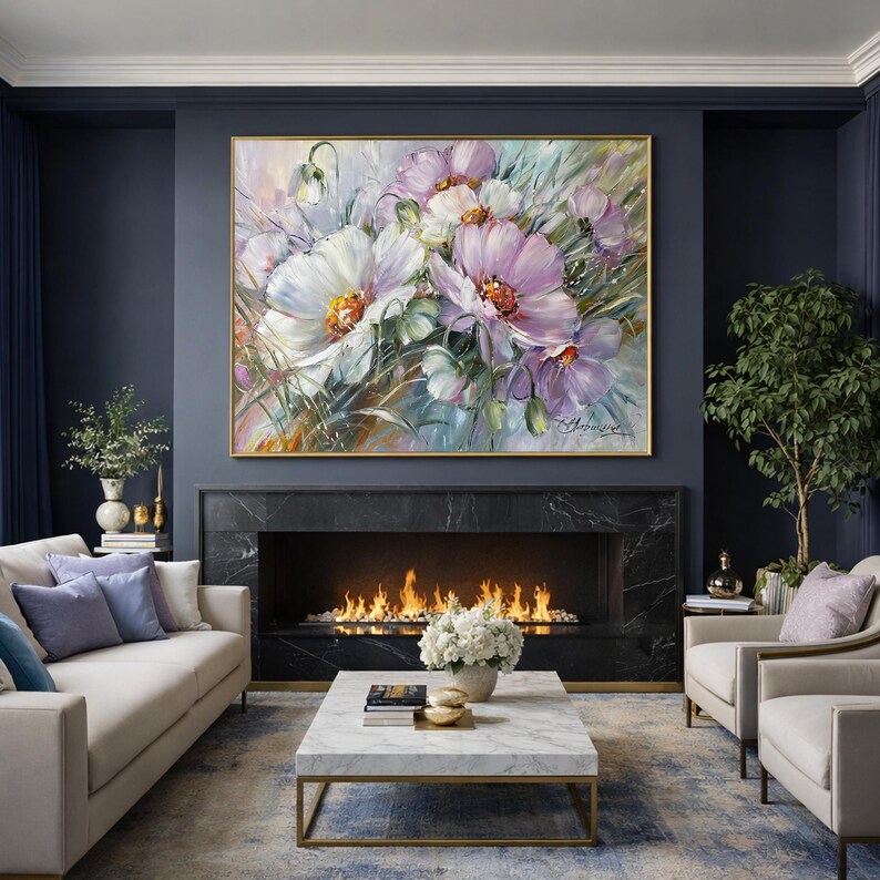 Large Flowers Oil Painting Original Daisy Wall Art Saga Green Purple Dining Room Decor Above Bed Art 40x30 Realistic Flower Daisy Painting image 5
