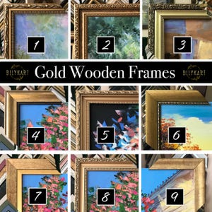 May include: A selection of gold wooden picture frames, each containing a different piece of art. The frames have diverse styles, from elaborate to plain. The artwork includes landscapes and abstract pieces, with a range of colours and textures.