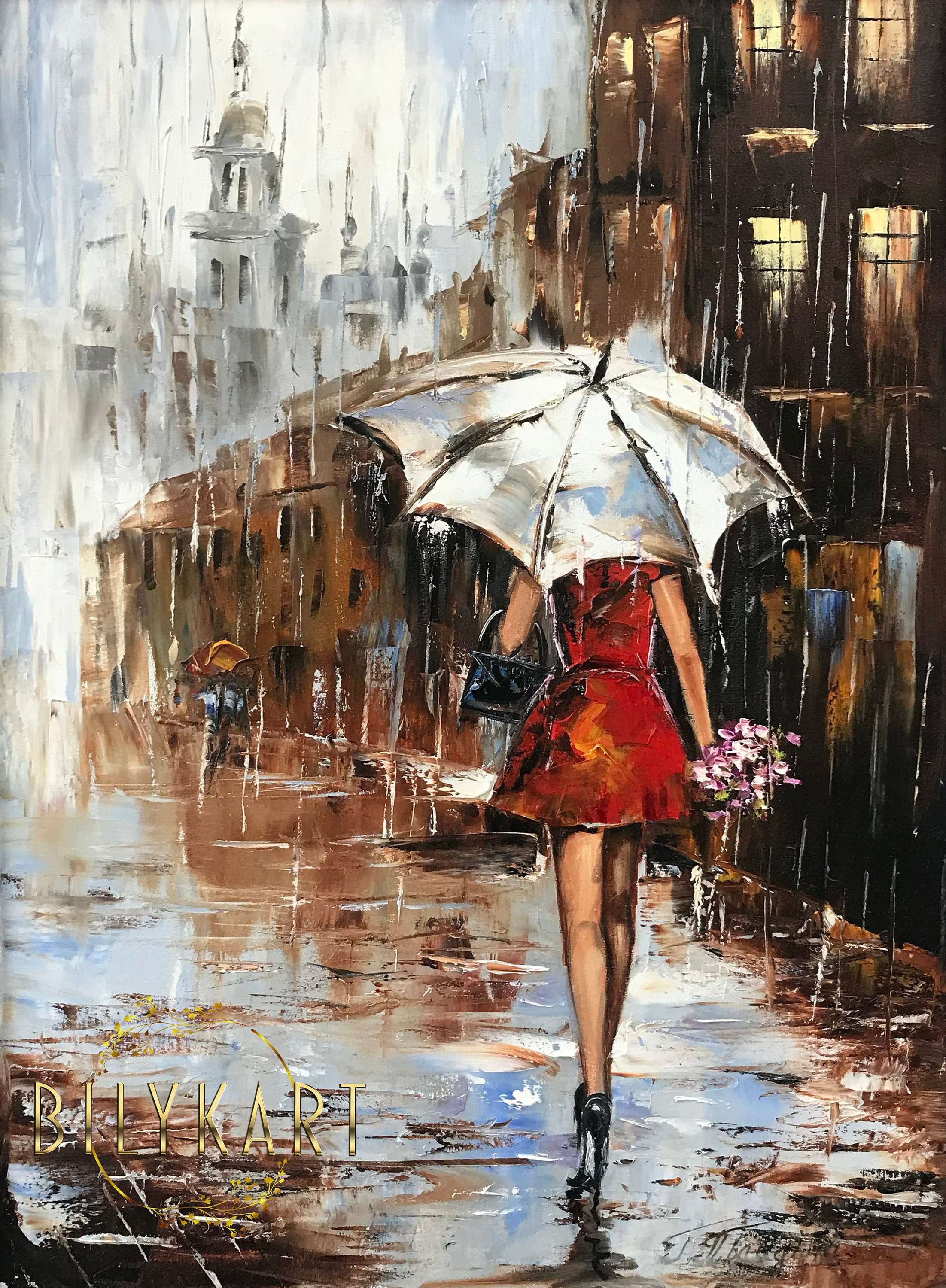 雨の降る街の風景を描いた油絵のオリジナル作品、バンクシーの傘を持っ