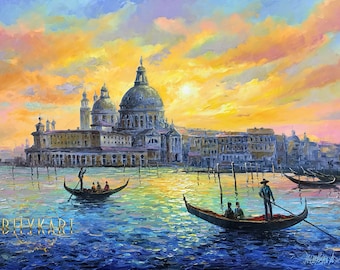 ヴェネツィアの運河の油絵 イタリアのオリジナル絵画 ヴェネツィアの