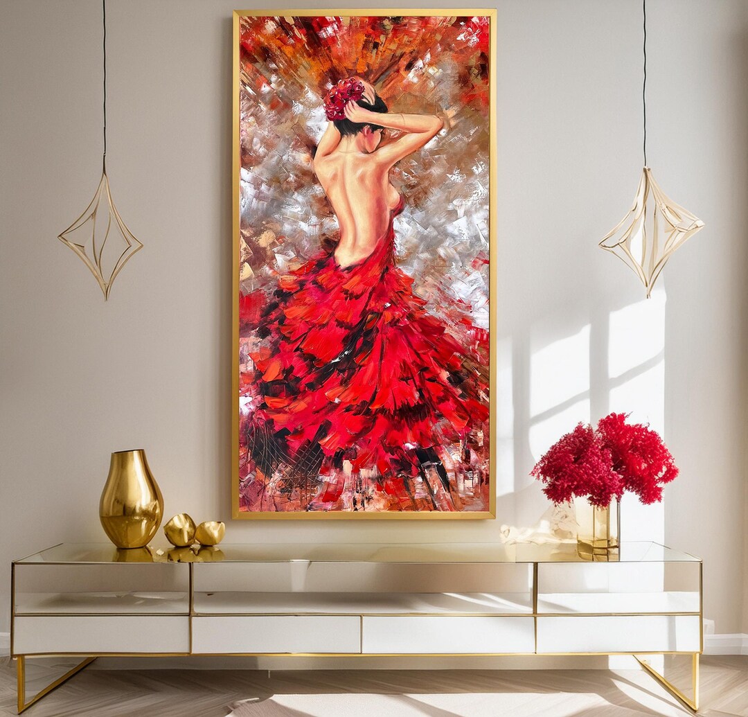 Woman in Red Dress Oil Painting - Abstract Dancer, Vertical Wall Art ...