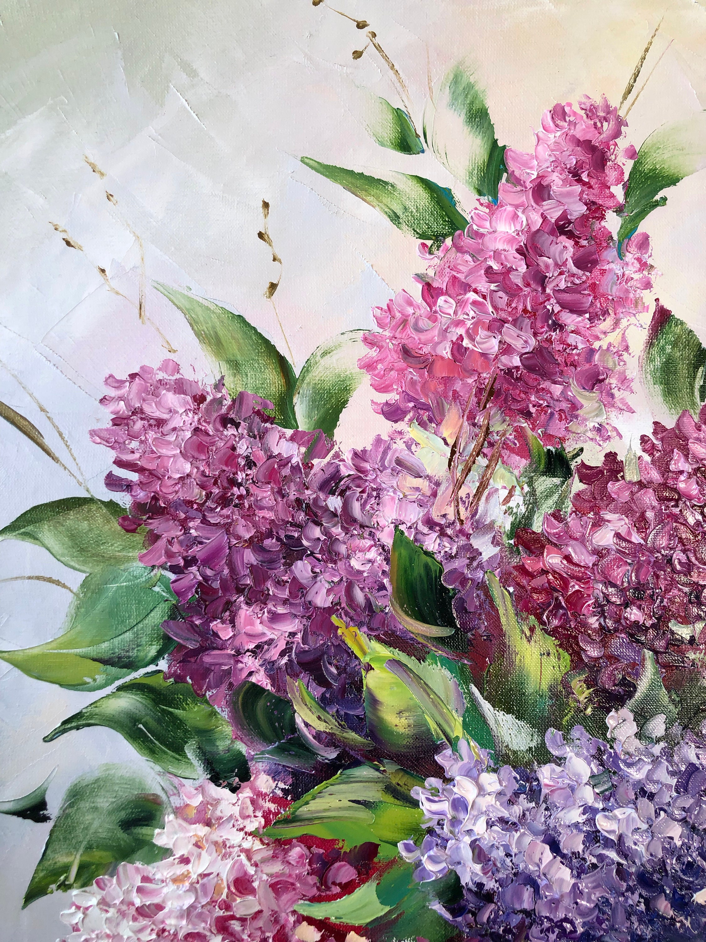 ライラックの油絵 オリジナルの花の壁アート キャンバスに描かれ