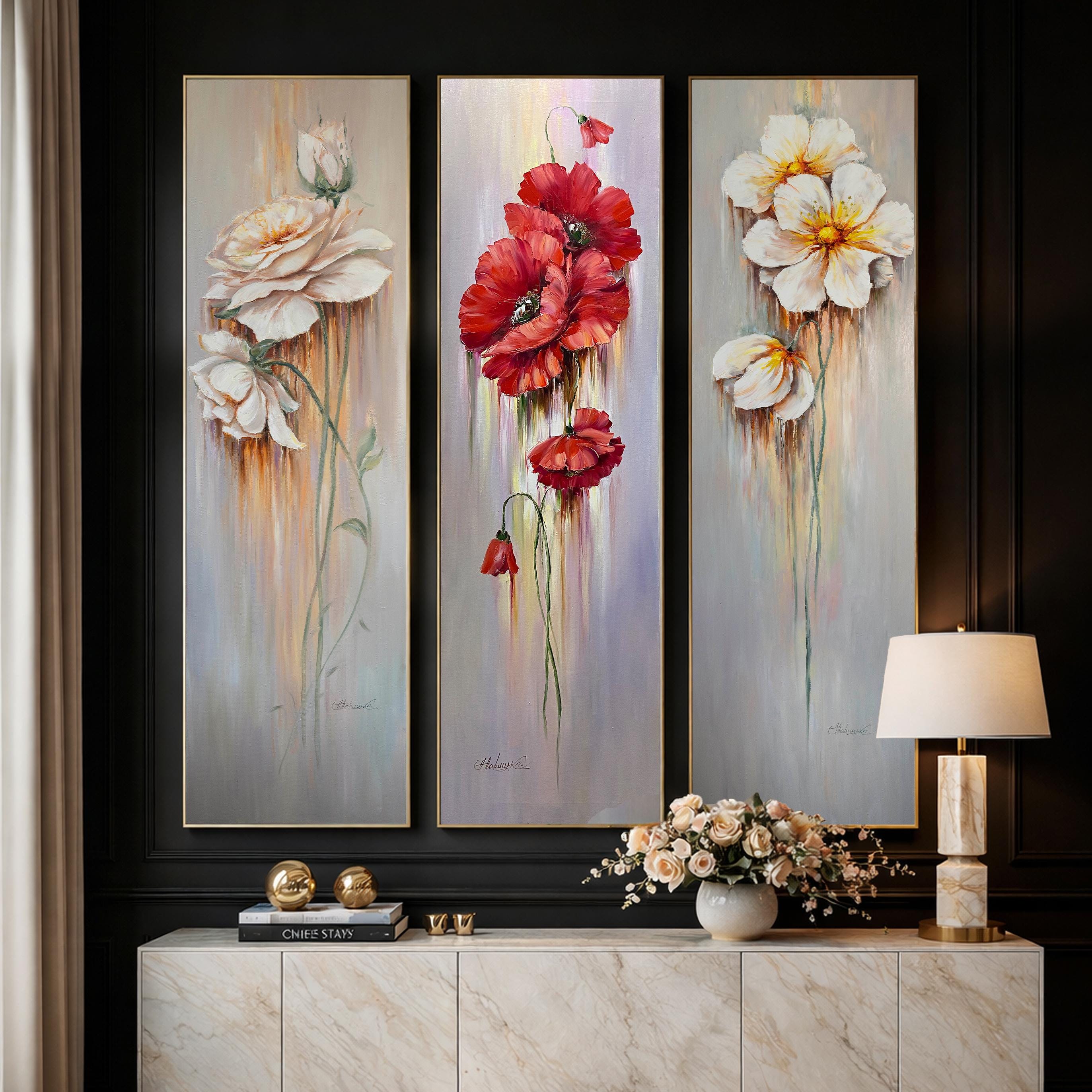 縦長の絵画 大型抽象花壁画作品 キャンバス ベージュの花油絵 大型